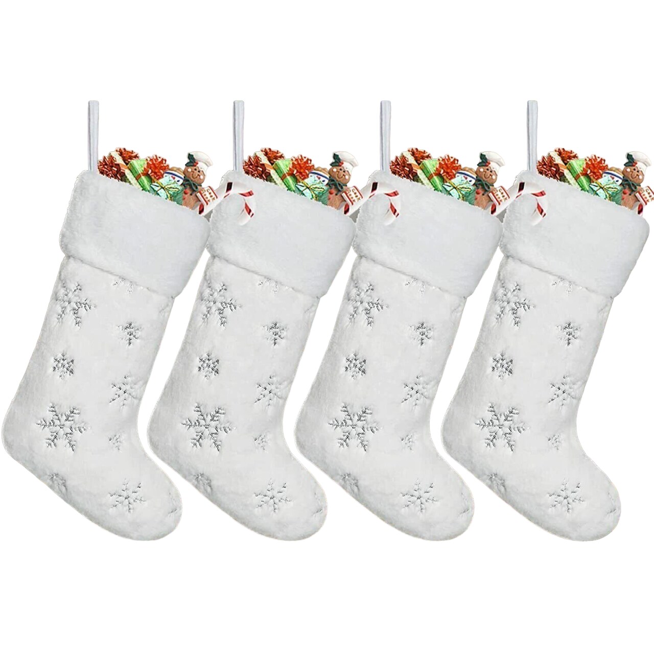 Set of 4 White Christmas Stockings 21" with Faux Furry Silver Large Snowflake